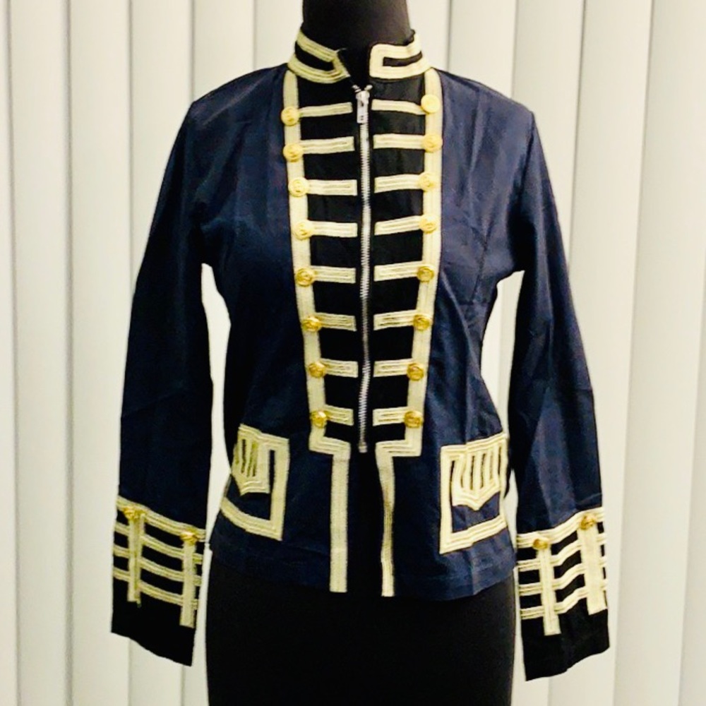 Navy, black & gold military style jacket.